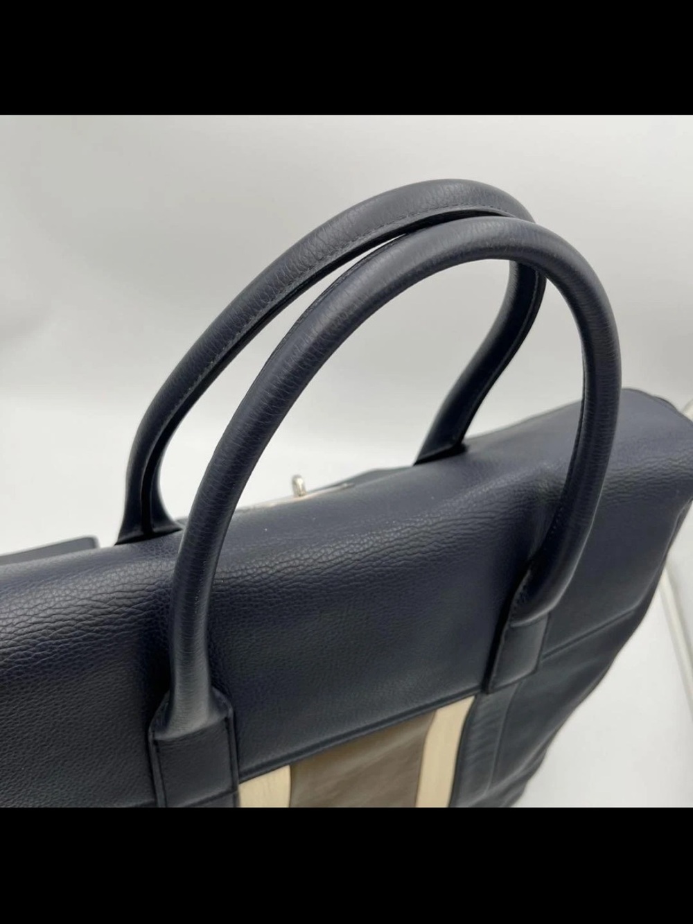 Mulberry Navy Leather Tote with Cream and Olive Center Stripe - Picture 5 of 16